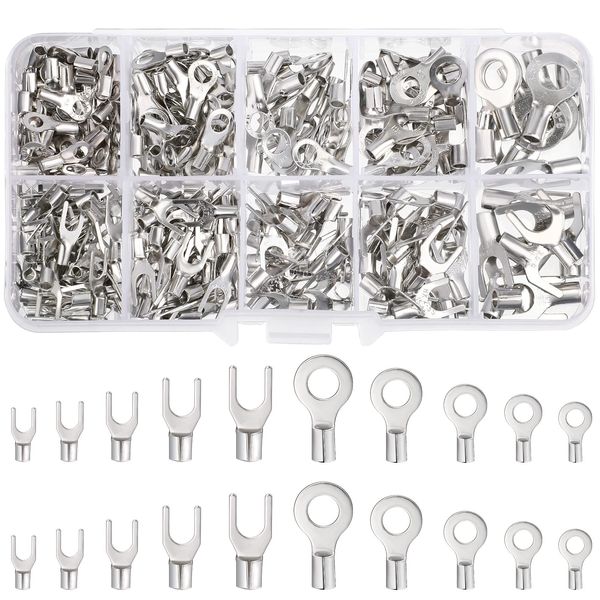 Weewooday 320pcs AWG 22-16 16-14 14-12 Copper Ring Fork Terminals Electrical Terminals Cable Connectors Ring Terminals Non-Insulated Wire Terminals Bare Crimp Connectors Fork Flat Terminals