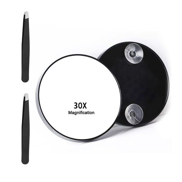 BNPHSIN 30X Magnifying Mirror, 3.5 inches Magnifying Mirror with Suction Cup and 2Pcs Tweezers, Black Portable Magnifier Makeup Mirror for Travel, Bathroom, Makeup, Shaving, Eyebrows