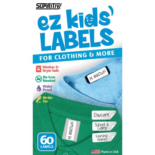 Ez Kids Clothing Labels Self-Stick No-Iron Write-On | Great for Children & Adults | Washer & Dryer Safe | School, Camp, Nursing Care, Toys, Organizing, All Purpose | 1 Sheet of 60 Blank Labels