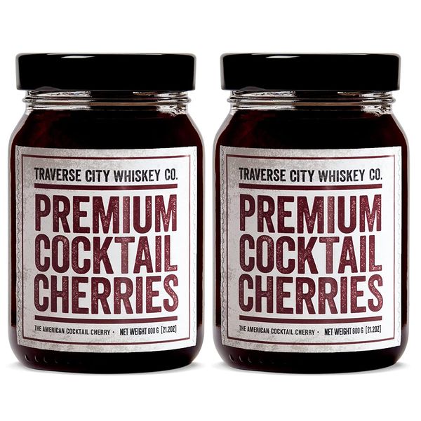 Traverse City Whiskey Co. Premium Cocktail Cherries (21.2oz, Pack of 2) | Cocktails & Desserts | All American, Natural, Certified Kosher, Stemless, Slow-Cooked Garnish for Old Fashioned, Ice Cream Sundaes & More