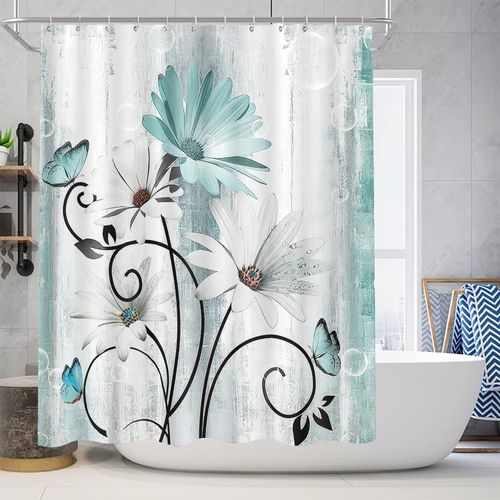 youyouplus Rustic Farmhouse Shower Curtain Set, Butterfly Design and Teal Daisy Floral Flowers, Turquoise, Bath Mat, Toilet Lid Cover, U Shaped Rugs, 12 Hooks, 70.8 x 70.8 Inches,Waterproof.