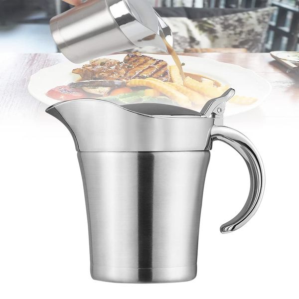 Gravy Boat, 500ml Stainless Steel Gravy Jug with Easy Lift Lid, Double Wall Insulated Dining Table Sauce Jug Gravy Pot Serving Jug Bucket for Cream, Milk, Gravy, Custard