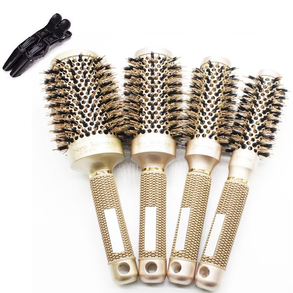 gold Round Hair Brush Set, Durable Thermal aluminium tube Professional Hair Styling Brush,Round Curling Brush Boar Bristle Round Hair Brush for Women