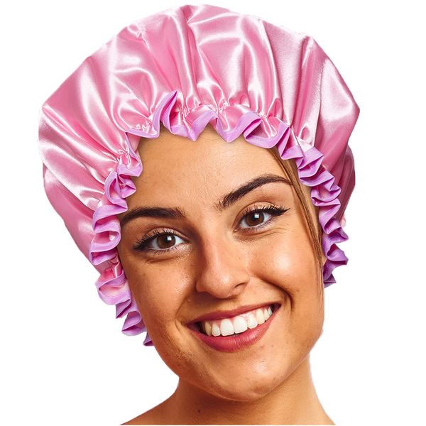 Bodylife Shower Cap Reusable Bath Cap Dual layered Waterproof Pink & Lilac 27cm