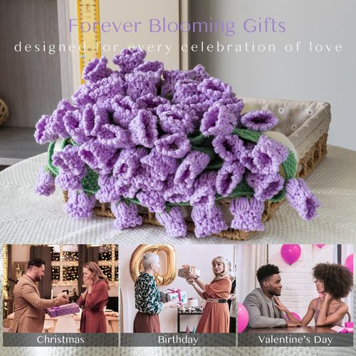 EIGHTOWN 43'' Crochet Purple Flowers Rose Bouquet Blanket Finished - Handmade Knitted Throw Blanket - Home Décor Ideal Gift for Mom (Purple Lily of The Valley)