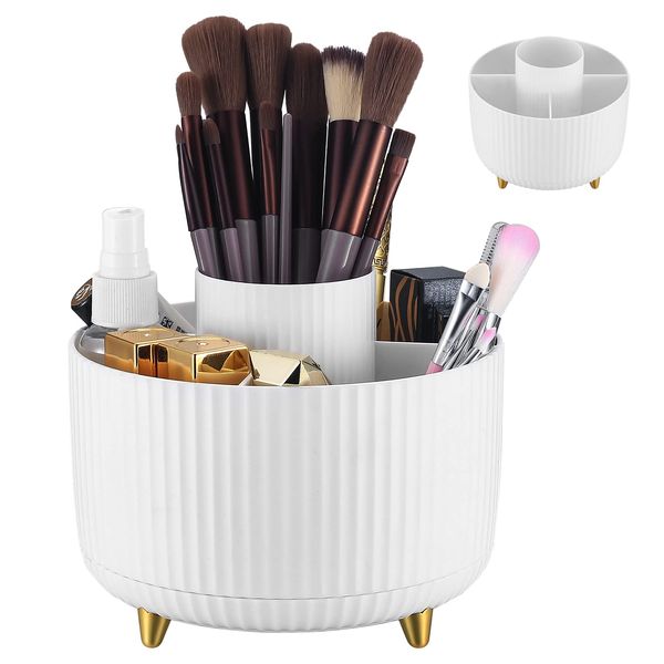 360° Rotating Makeup Organiser, Makeup Brush Holder Organizer, Spinning Cosmetic/Perfume/Beauty Organizer with 5 Compartments for Dressing Table, Bathroom Countertop Make Up Storage