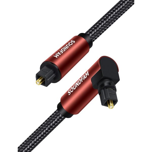 SOUNDFAM 90 Degree Optical Audio Cable 2M, Digital Audio S/PDIF Toslink Cable 360 Degree Rotate Right Angle Plug - Wine Red