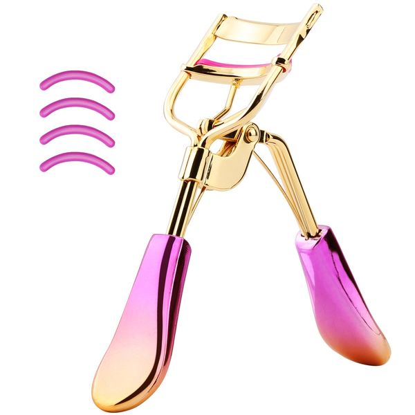 Luxspire Eyelash Curler with 4Pcs Refill Pads, Professional Handle Eye Lash Curler Iron Curling Clip Beauty Makeup Tool Fits All Eye Shapes, Rose Red