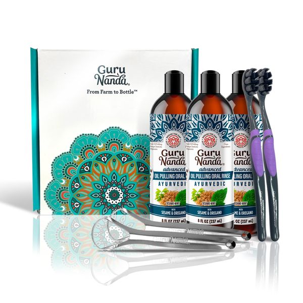 GuruNanda Advanced Oil Pulling with Tongue Scraper, Natural Alcohol Free Mouthwash with Coconut Oil, Vitamins D & E for Teeth & Gum Health (3x8 Fl Oz)