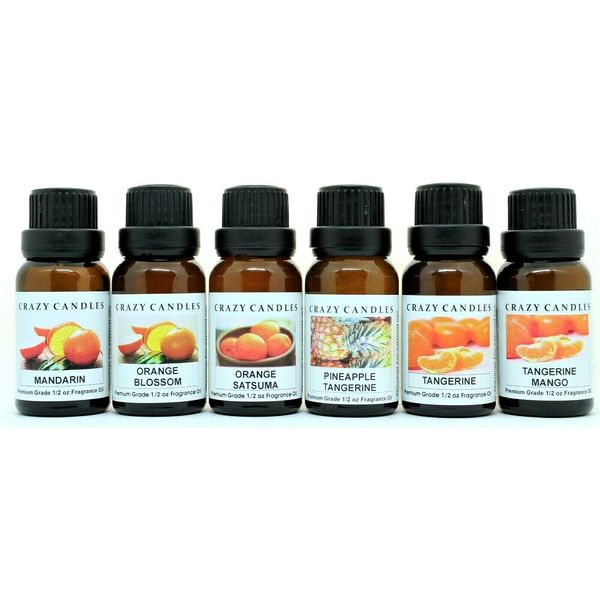 Crazy Candles 6 Bottles Set (Made in USA) Mandarin, Orange Blossom, Orange Satsuma, Pineapple Tangerine, Tangerine, Tangerine Mango 1/2 FL Oz Each (15ml) Premium Grade Scented Fragrance Oil