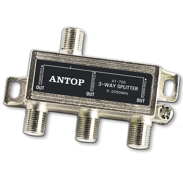 ANTOP 3-Way Coaxial Cable Splitter 2GHz- 5-2050MHz Worked with Satellite, HDTV, Antenna Signal- All Port Power DC Power Passing, Silver Plated and Corrosion Resistant