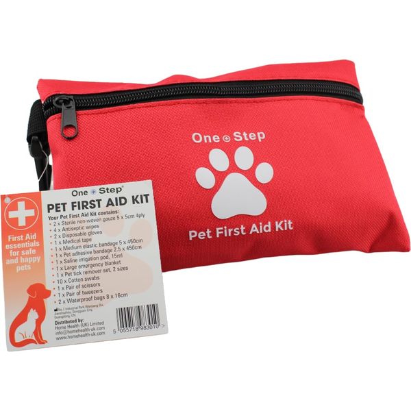 One Step Pet Travel First Aid Kit, Includes 28 Premium Items, Tick Remover, Syringe, Bandages, Wipes, Travel Sized First Aid For Dogs, Cats and all Other Pets