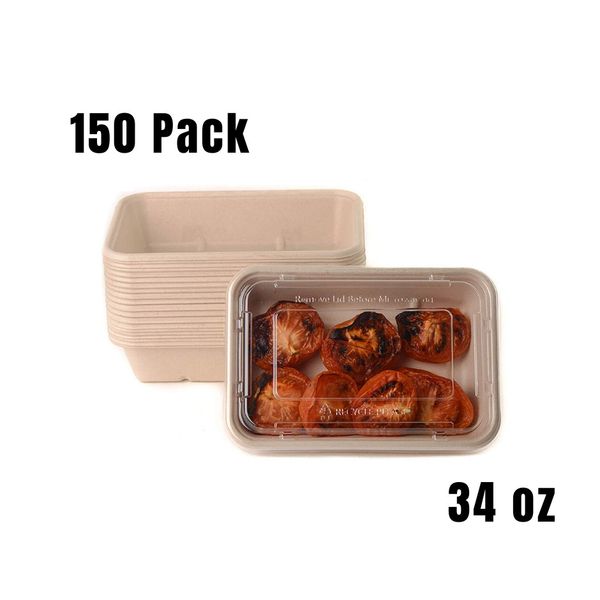 [ 150 Pack ] Compostable Eco Friendly Container Trays with Clear Lids 34oz.