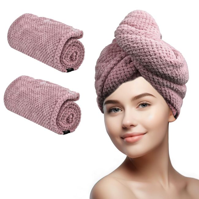 Bouaida Hair Towel Wrap for Women, Thickened Microfiber Hair Towel, Hair Drying Towel with Button, Excellent Drying Effect, Large 2pc (Purple)