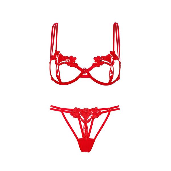 Qianqu Women's Sexy Lingerie, Open Bra Panties, Sexy Underwear, See-through Panties, Extreme, Erotic, Cute, Lingerie, Red (Floral 7)