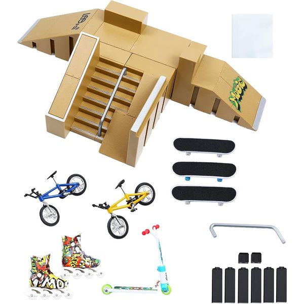 ideallife Skate Park Kit, Bigger Skate Park Kit Ramp Parts for Finger Skateboard Fingerboard Ramp Skate Park Kit Part Training Props with 3 Finger Decks 2 Finger Bike A Pair Skates Scooters