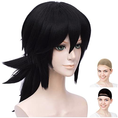 CaseEden Cosplay Wig, Giyu Tomioka, Giyu Tomioka, Water Column, Black, Black Hair, White Merche Wig Net, Set of 2