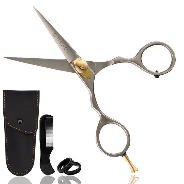 ONTAKI Premium Hand Forged Mustache Scissors 5.5" - Barber Salon Japanese Steel Scissors - Beard Mustache Hair Shears Bangs Haircuts - Beard Scissors for Men Hair Trimming Scissors - Rest Hook Silver