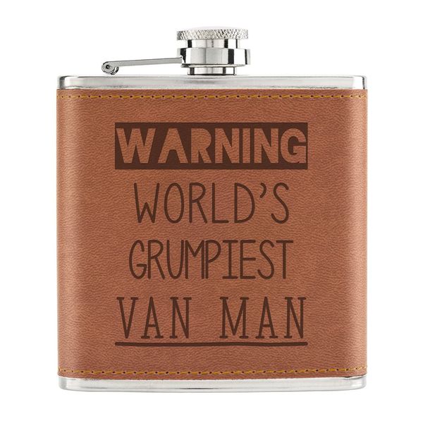 Warning World's Grumpiest Van Man 6oz PU Leather Hip Flask Tan