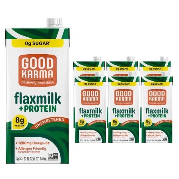 Unsweetened Flaxmilk +Protein, 32 Ounce (Pack of 6), 8g Plant Protein + 1200mg