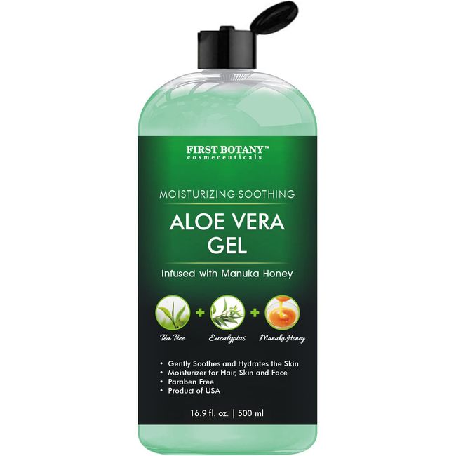 First Botany, Aloe vera gel from 100% Pure Aloe, Natural Raw Moisturizer with Tea tree oil Eucalyptus oil & Manuka Honey for Hand Sanitizing Gel, Skin Care, Hair Care Sunburn Acne & Eczema, 500 ml