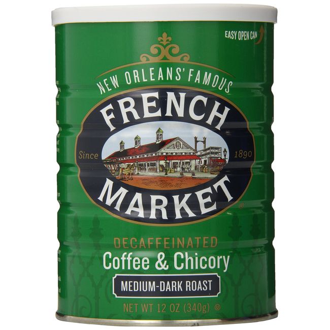 French Market Coffee, Coffee and Chicory, Decaffeinated Medium-Dark Roast Ground Coffee, 12 Ounce Metal Can