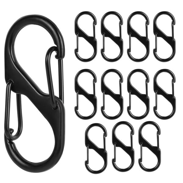 Flintronic S Carabiner Keyring Clip, 12PCS Small Dual Spring Opening Keychain Clip, Carabiner S Ring Clip Hook for Hammock Swing Camping Fishing Hiking (Black)