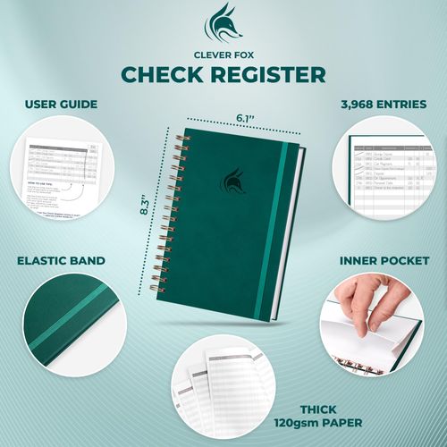 Clever Fox Check Register for Personal Checkbook – Checking Book Register – Checkbook Register – Accounting Ledger Book – 3968 Entry Lines, 6.1" x 8.3", Spiral Binding, Hardcover, Dark Teal