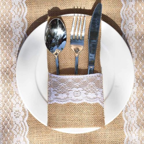 Bodosac Awtlife 60 Packs Xmas Burlap Lace Utensil Holders Silverware Cutlery Pouch Knifes Forks Bag for Vintage Wedding
