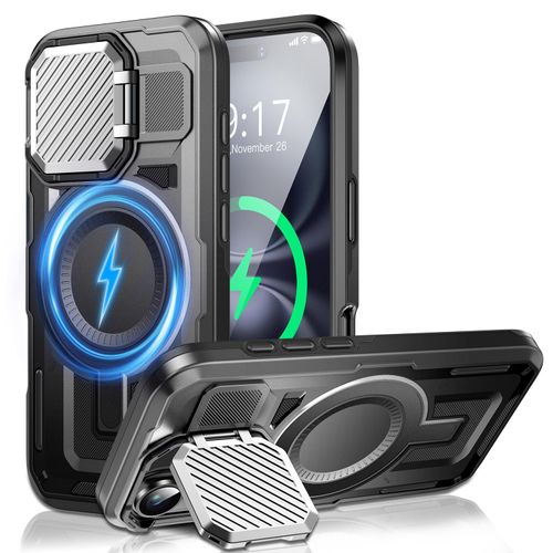 WASTROYAL Camera Stand Case for iPhone 16, [Compatible with MagSafe] [Lens Cover] 2024 Version Military Grade Protective Soft Case for iPhone 16 6.1 inch Men Women, Black