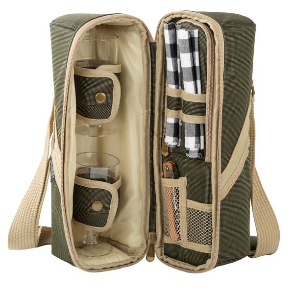 2 Person Insulated Deluxe Wine Cooler Bag with Accessories, Perfect for Picnic, Camping, and Beach (Khaki Green)