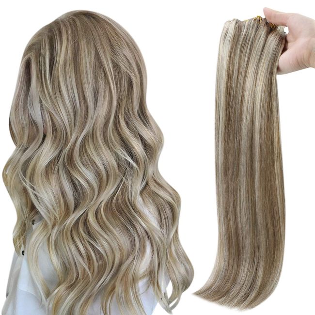 Full Shine Seamless Clip in Hair Extensions Human Hair 18Inch 8Pcs Human Hair Clip in Extensions 120 Gram Color 8P60 Clip in Human Hair Extensions