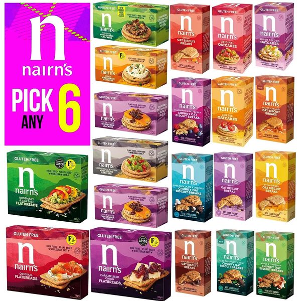 Nairn's PICK ANY 6 Gluten Free Oat Biscuits, Oatcakes, Crackers, Flatbreads. Flavours inc. Chocolate chip, cheese, fruit and seed, Stem Ginger, Mixed Berries, Salted Caramel Etc.