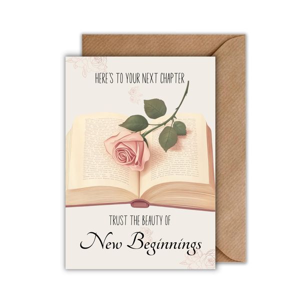 WBdesignz Grußkarte Neuanfang mit Umschlag – Abschiedskarte mit Spruch „Trust the Beauty of New Beginnings“ – Buch & Rose Illustration – für Kollegen, Freunde & Herzensmenschen (DIN A6)