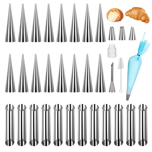 EupHHonycs 35 Pcs Cream Horn Mold Cannoli Forms Kit Cannoli Tubes Non-stick Stainless Steel 16pcs Cone Shaped and 12pcs Tubular Shaped Baking Molds for Pastry Lady Lock Form, Cream Roll, Croissant