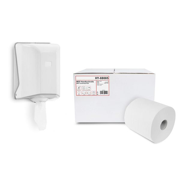 Hypafol Handtuch-Papierspender Set | Papierhandtuchrollen-Spender mit Innenabzug (Centerfeed) | modernes Design, weiß | Sichtfenster zur Verbrauchskontrolle | inkl. 6 Rollen Handtuchpapier