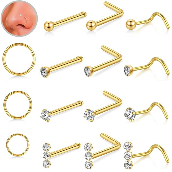 18g Nose Rings Studs,Nose ring Hoops,L Shape Hypoallergenic Screw Studs Rings Set Cubic Zirconia Size 2mm,silver 316L Surgical Stainless Steel Body Piercing Jewelry Helix Cartilage Rook Earrings Diameter 6/8/10mm for Women Men (15pcs-Gold)