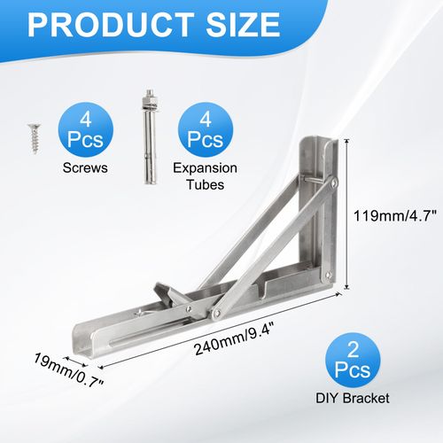 PATIKIL Folding Wall Shelf Brackets 9", 2 Pack Heavy Duty Stainless Steel Collapsible Wall Mounted Shelf Bracket Max Load 220lb Space Saving for Table, Silver