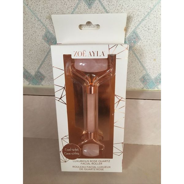 Zoë Ayla Dual Sided Rose Quartz Facial Roller Rejuvenates Skin NEW In Box