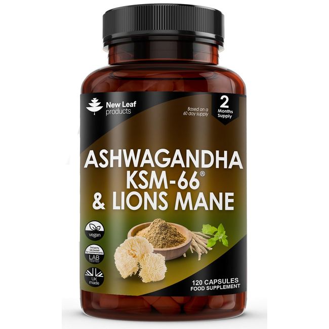 Ashwagandha KSM-66 and Lions Mane Capsules - High Strength 2000mg KSM-66 Ashwaghandha Root Extract and Lions Mane Mushroom Extract - 120 Vegan Capsules with Black Pepper - UK Made by New Leaf