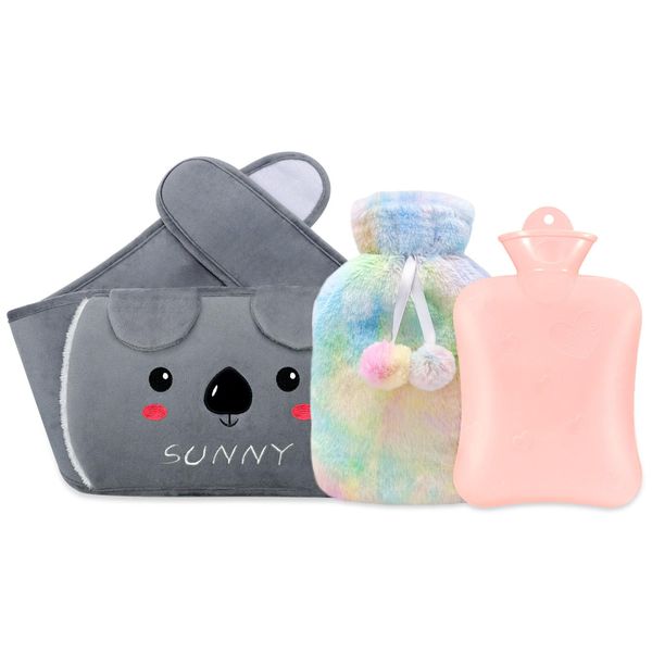 Shining She Hot Water Bottle, Rubber Hot Water Pouch with Soft Waist Waistbelt, Rainbow Warm Water Bag for Neck, Shoulder, Hand, Back Legs, Hot and Cold Therapy