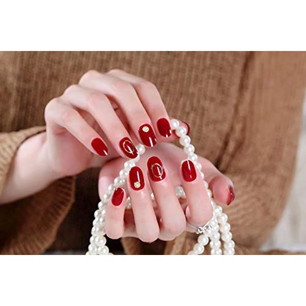 24 Pcs Handmade Nail Tips Bride Golden Beads Circle Decoration Cute Elegant Bride Nail Tips (Cherry )