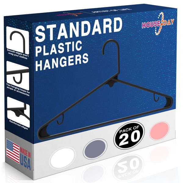 HOUSE DAY Made in USA Premium Plastic Hangers 20 Pack Durable & Space Saving Clothes Hangers, Heavy Duty Plastic Hangers with Non-Slip Hook Closet Hangers for Clothing, Coats, Shirts, Dresses - Black