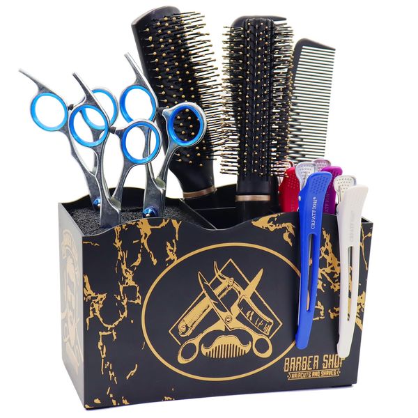 Flytreal Scissor Holder Barber Shear Holder Box, Hair Salon Barber Supplies Acessories Tool Station Desk Organizer Case, Combs Clips Stand Holder Storage for Stylist Groomers Hairdressers (Black)