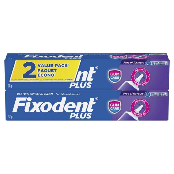 Fixodent Plus Gum Care Denture Adhesive Cream for Fulls and Partials, 2 oz (57g) - Pack of 2