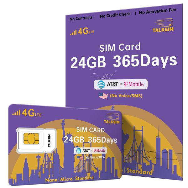 TALKSIM Data SIM Card 24GB 365Days Support AT&T, T-Mobile, 4G LTE USA SIM Card Compatible with Unlocked Security Camera/Router/Mobile WiFi Hotspot/Tablet/Hunting Trail Camera iot Devices