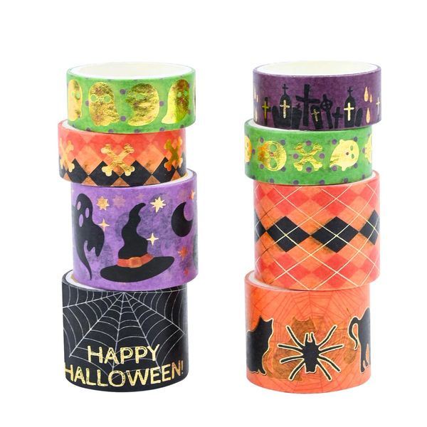 Washi Tape Set 8 Rolls Halloween Schwarz Orange Washi Masking Tape Dekorative Klebeband für Scrapbooking DIY Handwerk Bastler verschönert Journals Planer Karten Geschenkverpackung Bänder (Spinne)