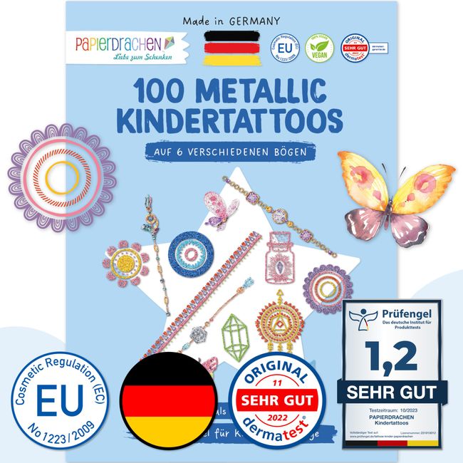 Papierdrachen 100 Metallic-Tattoos zum Aufkleben - Hautfreundliche Kindertattoos Schmuckelemente - Glitzer Tattoo - als Geburtstagsmitgebsel - Vegan - in Deutschland hergestellt und geprüft