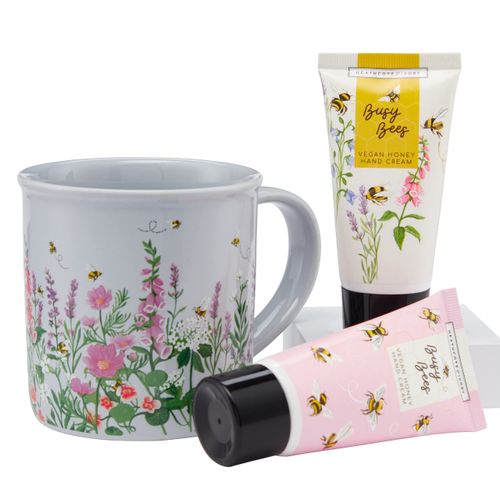 Heathcote and Ivory Busy Bees Giftable Mug Set | 2x50ml Hand Cream and Ceramic Mug , Keep Hands Soft and Scented | Cruelty Free & Vegan Friendly | Travel Friendly Sizes