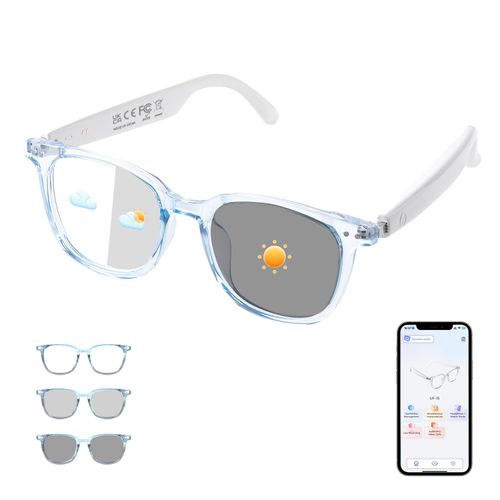 Bluetooth Smart Glasses for Women, AI Translation Glasses Supports 165+ Languages, Build in Mic Speakers, Color Change Lenses Transparent Frame with Polarized UV Protection for Travel Business-Blue